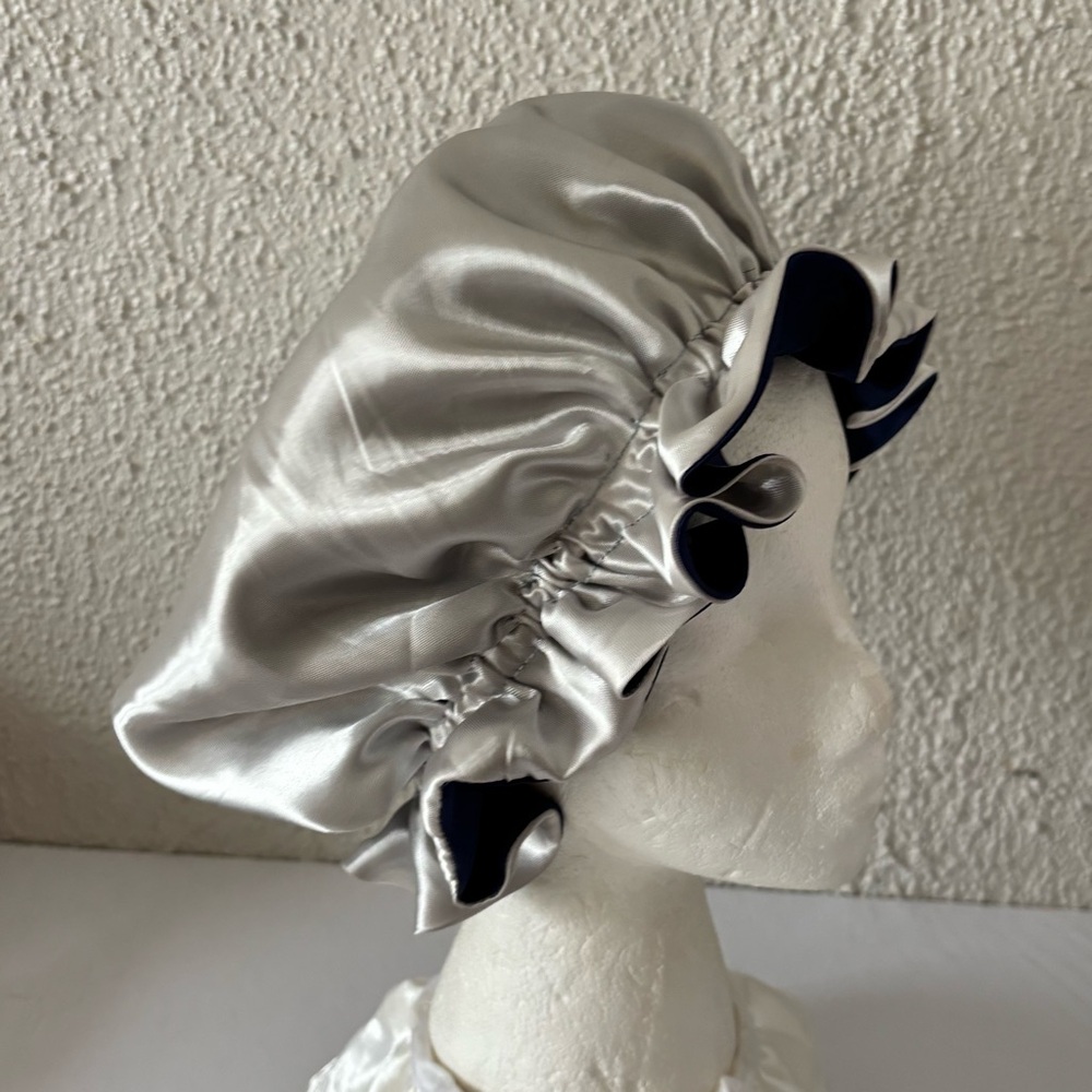 Reversible Satin Sleep Bonnet – Navy Blue & Silver – Extra Large, Elastic Fit - Picture 10 of 16